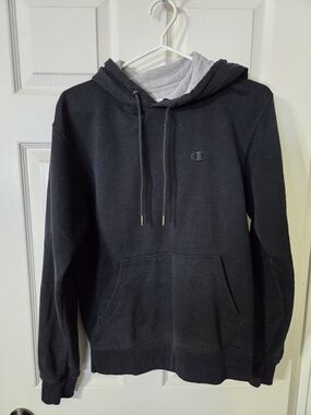 Champion Women's Black Crewneck Hoodie with Light Gray Hood Lining
